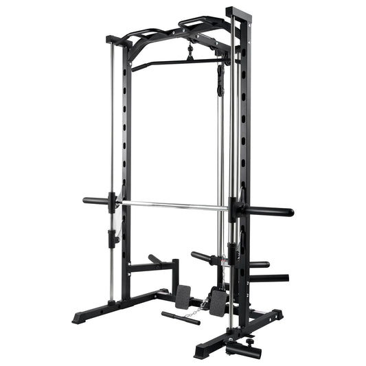 RitFit Smith Machine Power Rack with LAT-Pull Down System, Landmine, Barbell Bar, Plate Storage Pegs and More Training Attachment
