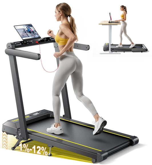 Walking Pad Treadmill with 12% Incline, 4 in 1 Folding Treadmill for Home/Office with Handle Bar, 2.5HP Under Desk Treadmills Portable Walking Pad with App & Bluetooth Speaker, 0.6-10MPH