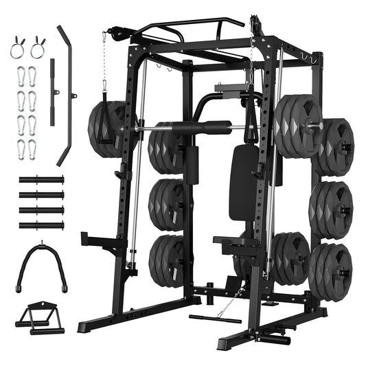Smith Machine, 2000LBS Squat Rack for Home Gym, Multi-Function Power Cage Cable Crossover System Strength Training Equipment, Lat Pulldown Machines with 8 Weight Storage Pin, T-Bar and More