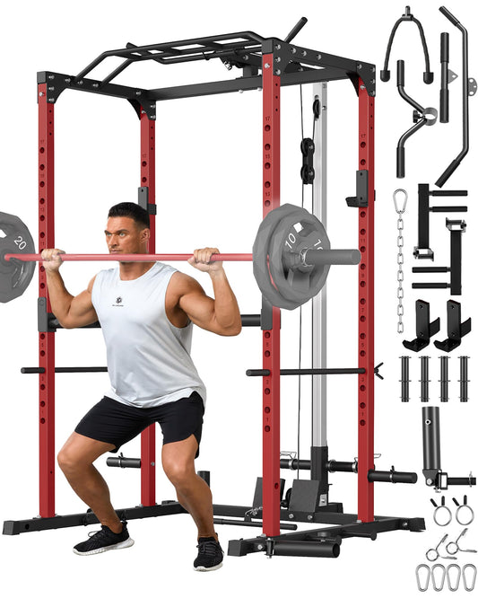 Power Cage, Power Racks for Home Gym with Pulley System, 1200LBS Weight Capacity Multi-Functional Squat Rack for Strength Workout with More Training Attachment (Red D1002)