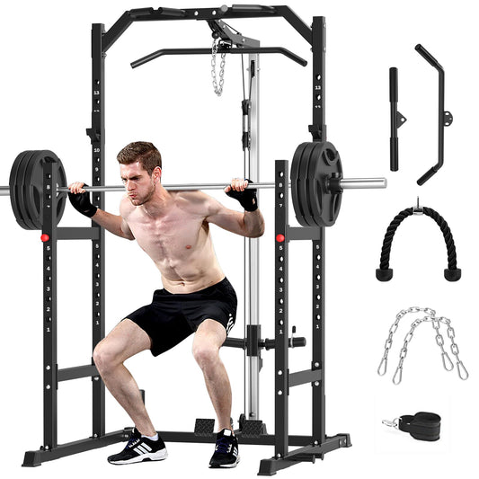Power Cage, Multi-Function Power Rack with Pulley System Strength Training for Home Gym, Bench Press Squat LAT Pull-Down Pull-up Rowing, All in One Workout Cage