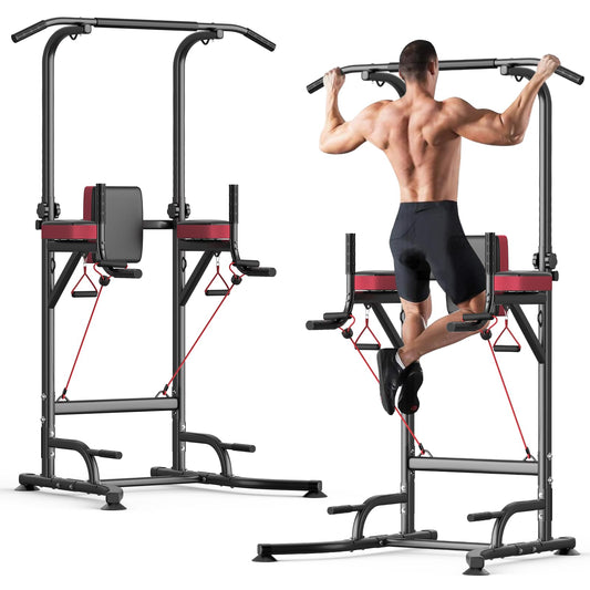 Dskeuzeew Pull Up Bar Free Standing for Garage Multi-Function Home Gym Strength, 450LBS Pull Up Dip Station Assistive Trainer Height Adjustable with Elastic Ropes, Power Tower Training Heavy-Duty Fitness Equipment