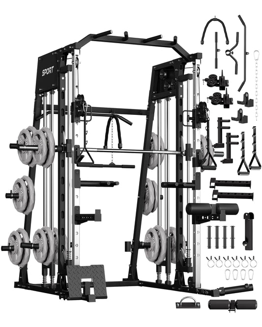 Smith Machine Home Gym All in One, 2200LBS Squat Rack Power Cage with Smith Bar, LAT Pull-Down, Cable Systems, Leg Hold-Down and More Attachments, Workout Equipment (Red Black)