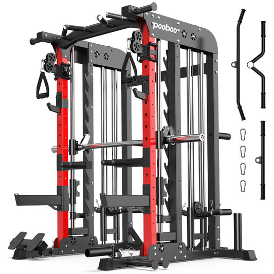 Pooboo Multi-Functional Machine Power Cage, 2000LB Squat Rack, LAT-Pull Down System, Dual Pulley Cable Crossover System, Home Gym Workout Machine with Strength Training Attachments